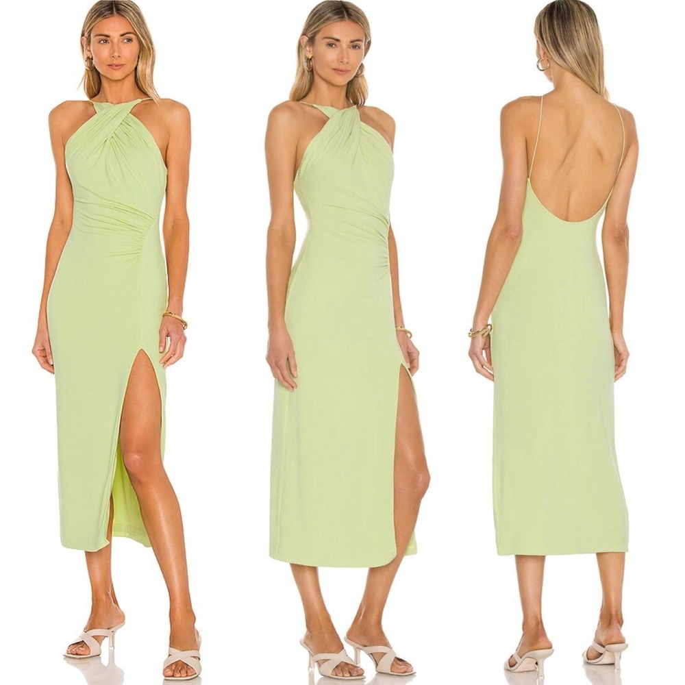 Song of Style Zinnia Maxi Halter Dress Ruched Slit Open Back Key Lime Small Sexy